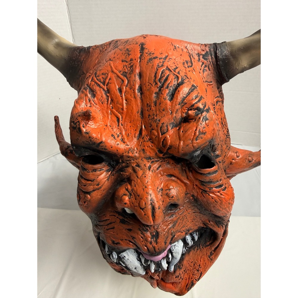 VTG 90s Devil Demon Mask Horror Halloween Orange One Size Horns - Picture 2 of 5